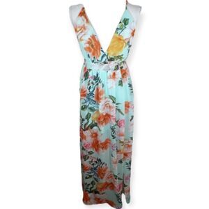 REVAMPED TURQUOISE/MINT FLORAL PLUNGE NECK MAXI DRESS  SZ.S NWT